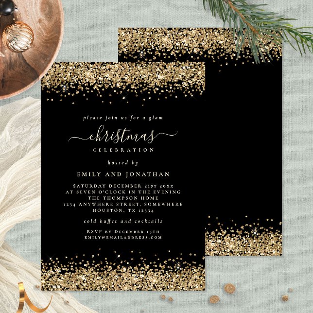Classy Gold Glitter Black Christmas Party Invitation (Front and back view)
