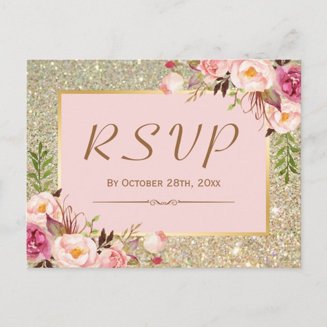 Classy Gold Glitter Pink Floral RSVP Response Invitation Postcard (Front)