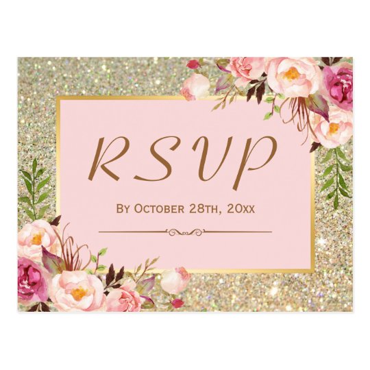 Classy Gold Glitter Pink Floral RSVP Response Postcard