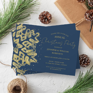 Classy Gold Glitter Xmas Snowflake Holiday Navy Invitation
