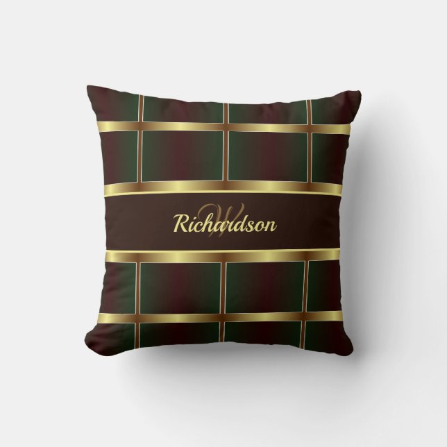  Classy Gold, Green And Burgundy Chequered Pattern Cushion (Front)
