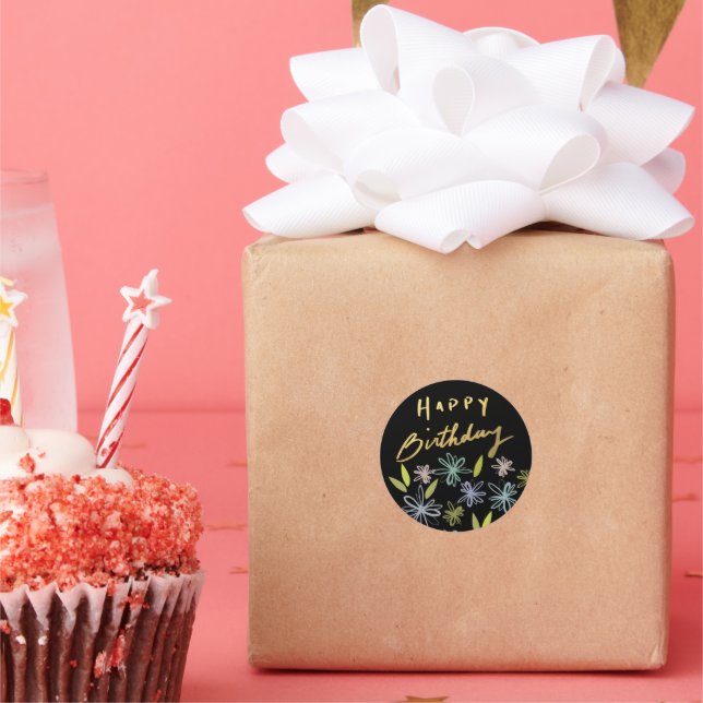 Classy Gold Happy Birthday Bouquet Classic Round Sticker (Party)