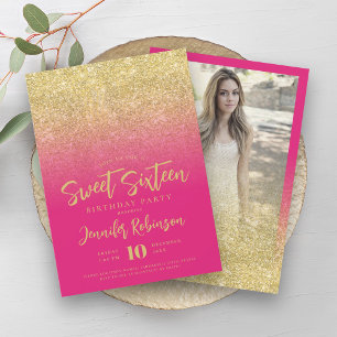 Classy Gold Hot Pink Glitter Photo Sweet 16   Invitation