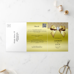 Classy Gold Jewel Gem Bow QR Code Wedding Tri-Fold Invitation