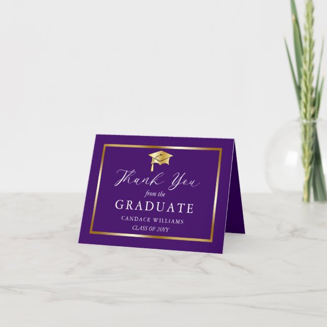 Classy Gold Minimalist Graduation Purple Thank You Card (Front)
