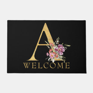 Classy Gold Monogram A with Pink Florals Doormat