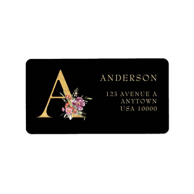 Classy Gold Monogram A with Pink Florals  Label (Front)