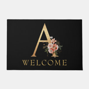 Classy Gold Monogram A with Poppy Flowers Doormat