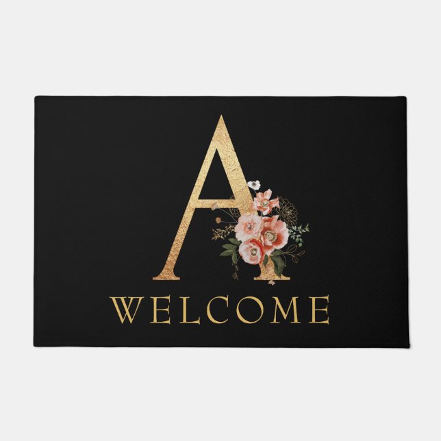 Classy Gold Monogram A with Poppy Flowers Doormat (Front)