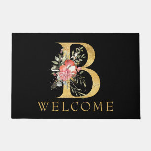 Classy Gold Monogram B with Pink Florals Doormat