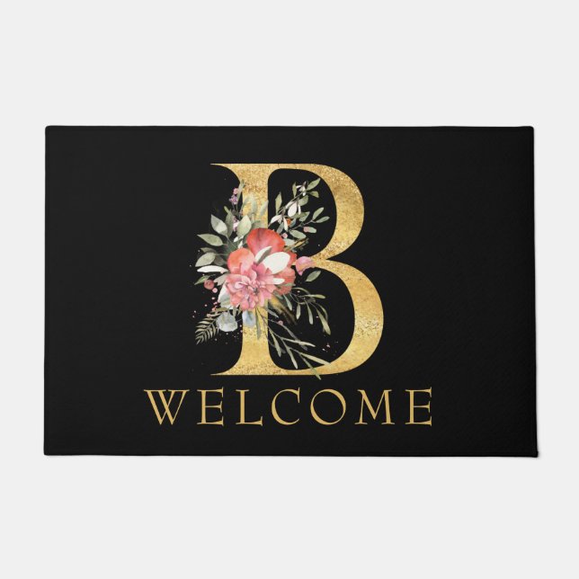 Classy Gold Monogram B with Pink Florals Doormat (Front)