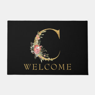 Classy Gold Monogram C with Pink Florals Doormat
