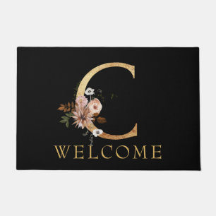 Classy Gold Monogram C with Pink Flowers Doormat