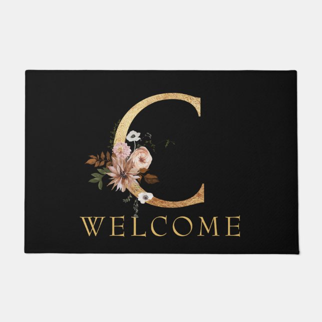 Classy Gold Monogram C with Pink Flowers Doormat (Front)