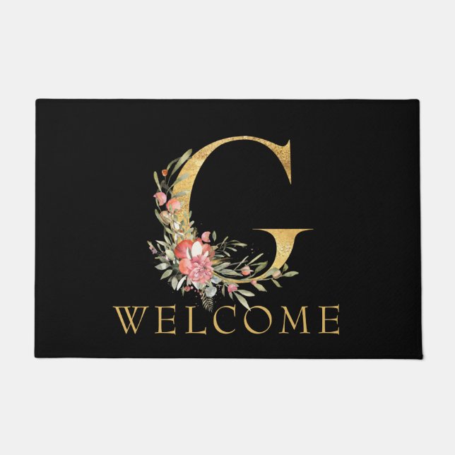 Classy Gold Monogram G with Pink Florals Doormat (Front)