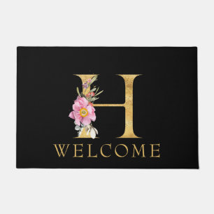 Classy Gold Monogram H with Pink Florals Doormat