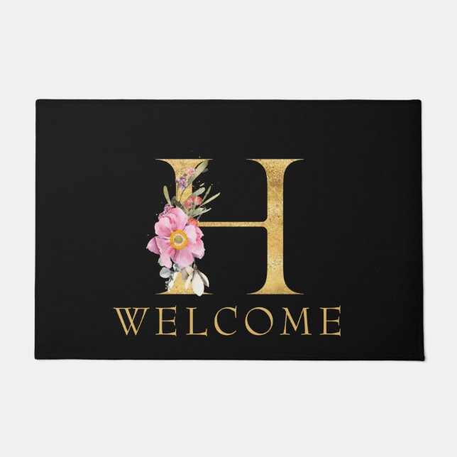 Classy Gold Monogram H with Pink Florals Doormat (Front)