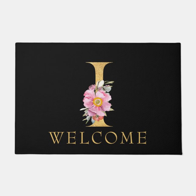 Classy Gold Monogram i with Pink Florals Doormat (Front)