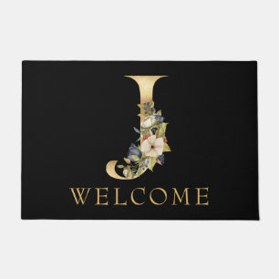 Classy Gold Monogram J with Floral Arrangement Doormat