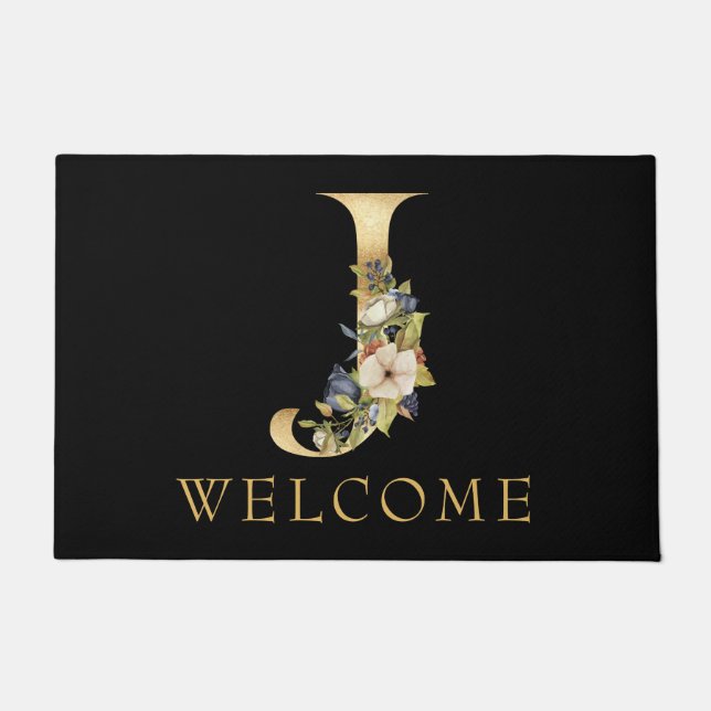 Classy Gold Monogram J with Floral Arrangement Doormat (Front)