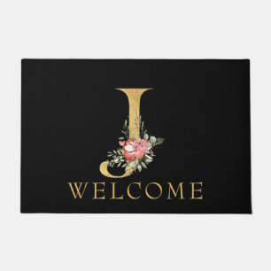 Classy Gold Monogram J with Pink Florals Doormat