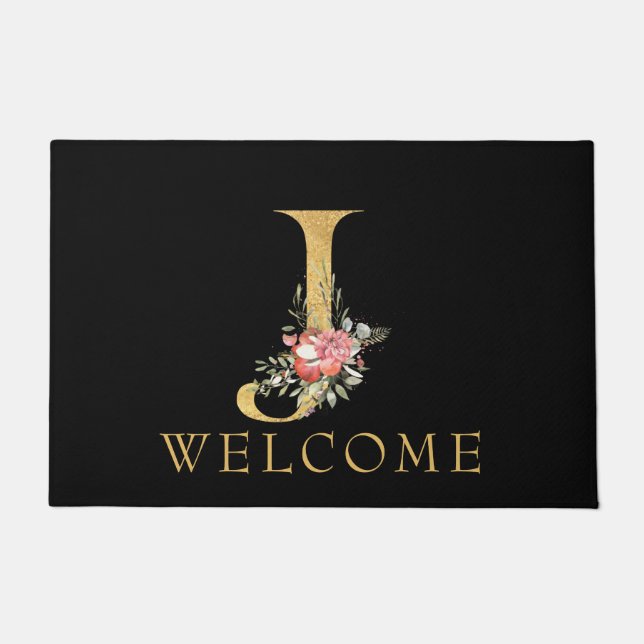 Classy Gold Monogram J with Pink Florals Doormat (Front)