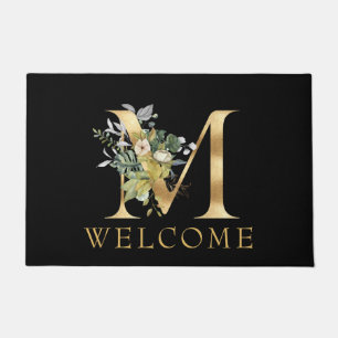 Classy Gold Monogram M with Floral Arrangement Doormat
