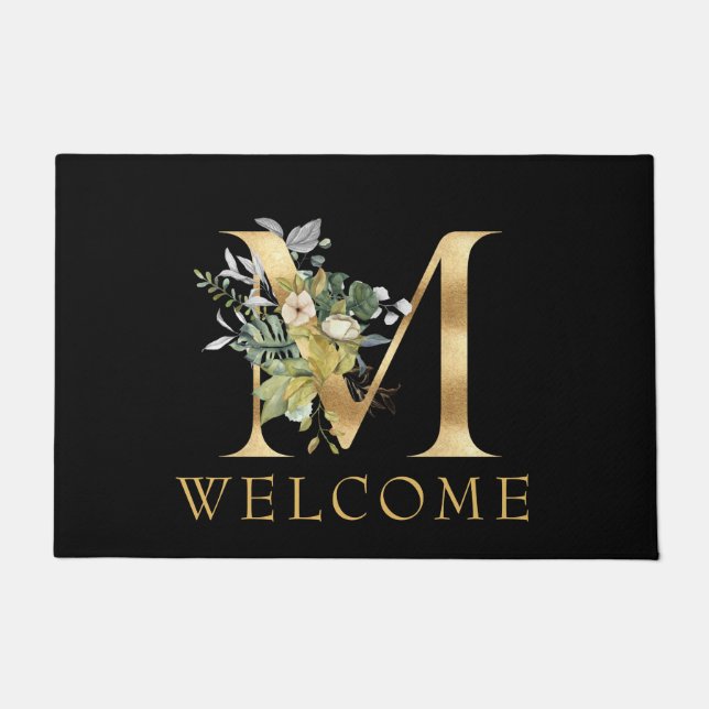 Classy Gold Monogram M with Floral Arrangement Doormat (Front)