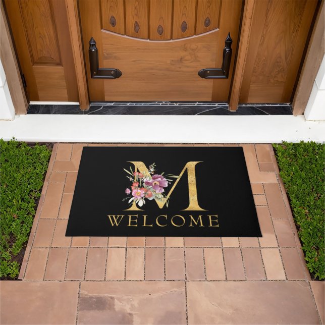 Classy Gold Monogram M with Pink Florals Doormat (Outdoor)