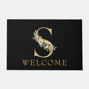 Classy Gold Monogram S  with Floral Arrangement  Doormat