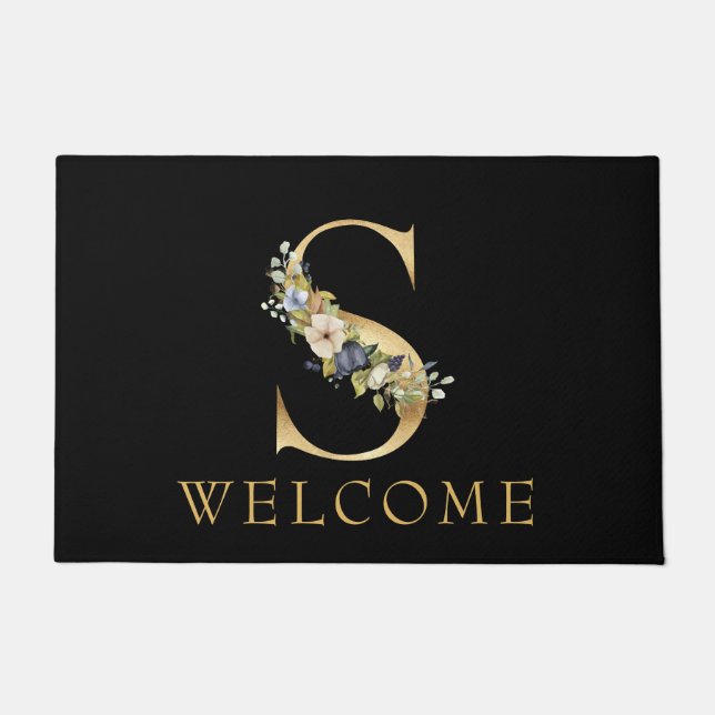 Classy Gold Monogram S  with Floral Arrangement  Doormat (Front)