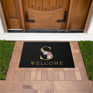 Classy Gold Monogram S with Pink Florals Doormat