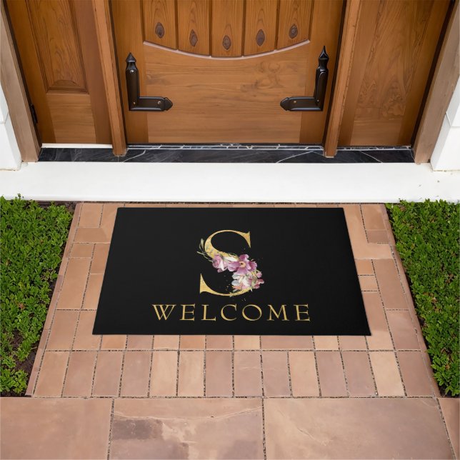 Classy Gold Monogram S with Pink Florals Doormat (Outdoor)