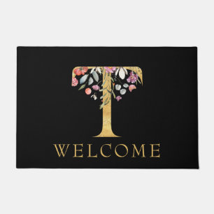 Classy Gold Monogram T with Pink Florals Doormat