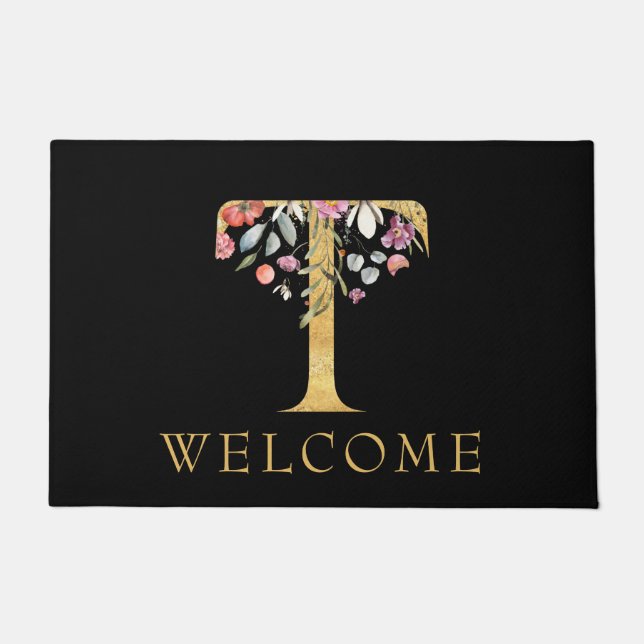 Classy Gold Monogram T with Pink Florals Doormat (Front)