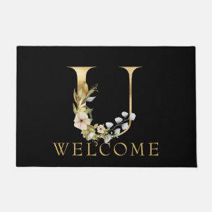 Classy Gold Monogram U with Floral Arrangement Doormat
