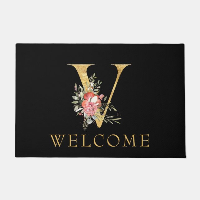 Classy Gold Monogram V with Pink Florals Doormat (Front)