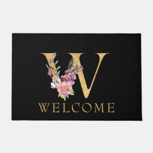 Classy Gold Monogram W with Pink Florals Doormat