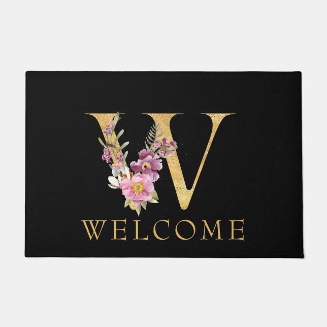 Classy Gold Monogram W with Pink Florals Doormat (Front)
