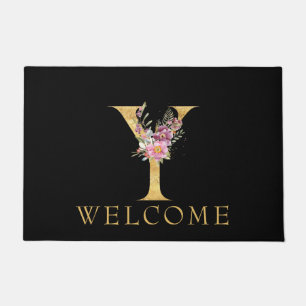 Classy Gold Monogram Y with Pink Florals Doormat