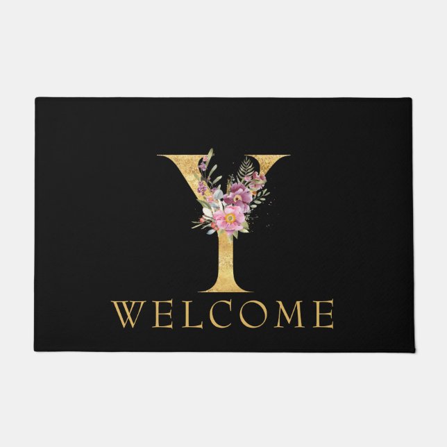 Classy Gold Monogram Y with Pink Florals Doormat (Front)