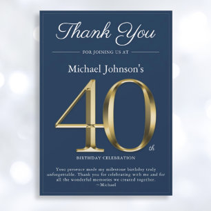 Classy Gold Navy Blue 40th Birthday Thank You Card