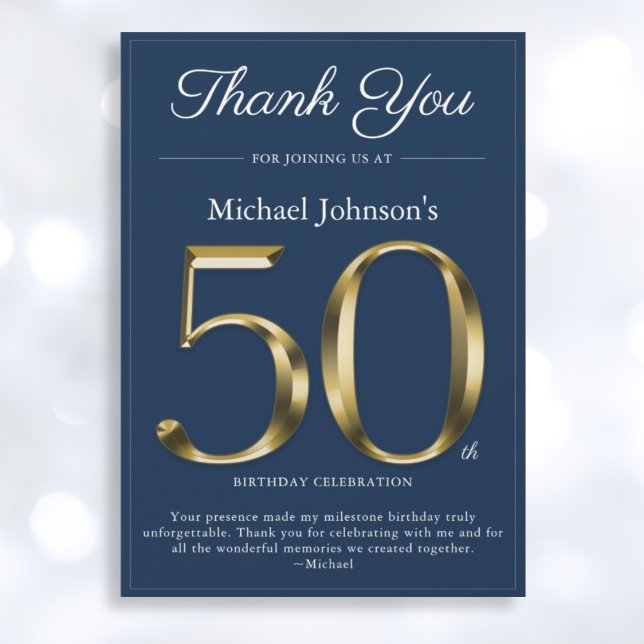 Classy Gold Navy Blue 50th Birthday Thank You Card (Mockup View)