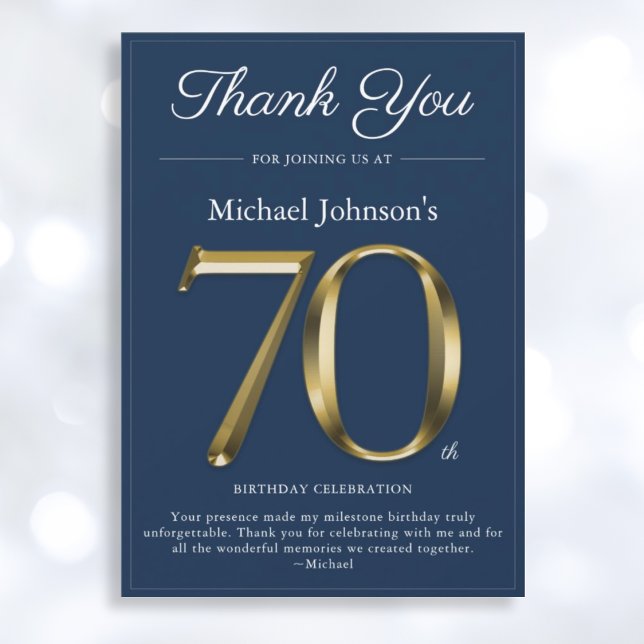 Classy Gold Navy Blue 70th Birthday Thank You Card (Mockup View)