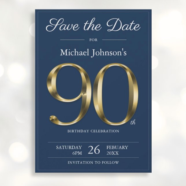 Classy Gold Navy Blue 90th Birthday Party  Save The Date (Mockup View)