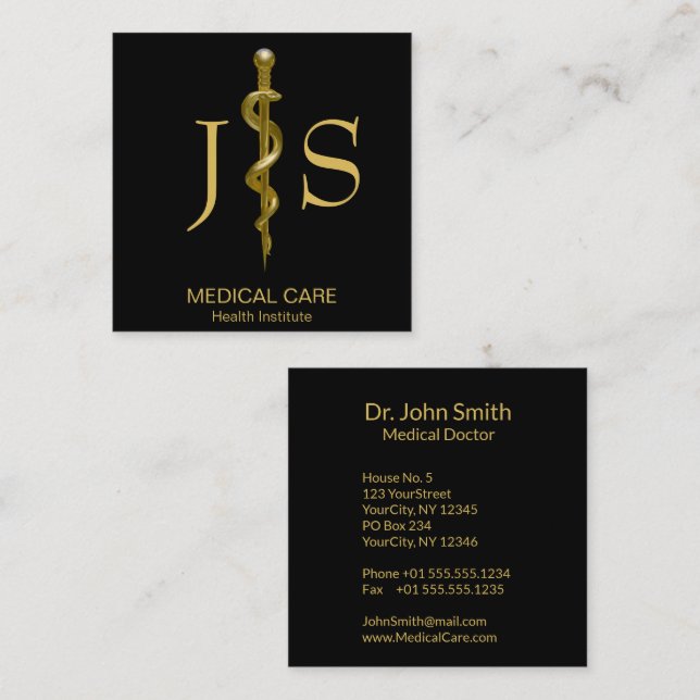 Classy Gold on Black Rod of Asclepius Medical Square Business Card (Front/Back)