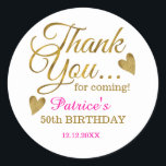 Classy Gold Pink 50th Birthday Thank You  Classic Round Sticker<br><div class="desc">50th birthday thank you stickers in classy pink and gold typography .</div>
