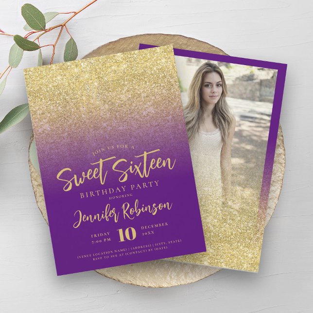 Classy Gold Purple Glitter Photo Sweet 16   Invitation (Classy Gold Purple Glitter Photo Sweet 16 Invitation)