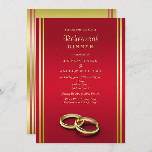 Classy Gold & Red, Wedding Rings Rehearsal Dinner Invitation (Front/Back)