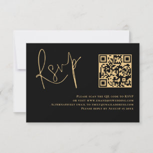 Classy Gold Script Black QR Code Wedding RSVP Card